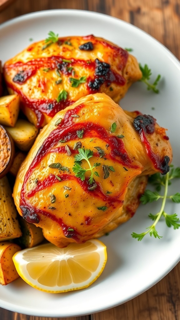 Golden-brown oven-baked chicken thighs on a plate with herbs and roasted vegetables.